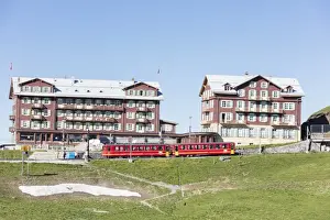Canton Of Bern Prints: Red wagons of Wengernalpbahn rack railway run next to alpine hotels