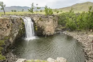 Mongolian Prints: Red waterfall, Orkhon valley, South Hangay province, Mongolia, Central Asia, Asia