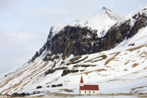 South Iceland Prints: Red and white church against snow covered mountains, Vik, South Iceland, Polar Regions