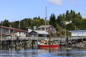 Vancouver Island Prints: Red yacht, old dock buildings and jetty, Alert Bay, Cormorant Island, Vancouver Island