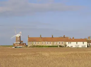 Norfolk Prints: Reedbeds and Cley windmill, 18th century tower windmill on old quay, Cley-next-the-Sea
