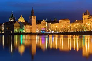 Vltava Prints: Reflection of Bedrich Smetana Museum and Old Town Waterworks at Smetanovo nabrezi at night