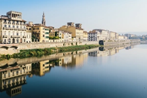 Florence Prints: Reflection of buildings on River Arno, Florence, Tuscany, Italy, Europe