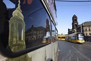 Saxony Prints: Reflection in bus window, tram on street and Neues Standehaus (New State House)
