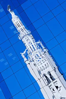 Salamanca Prints: Reflection of Iglesia Notra Sra de la Concepcion in modern building