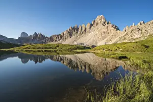 Reflection of Mount Paterno, Croda dei Piani and Croda di Toni on Piani Lakes in summer