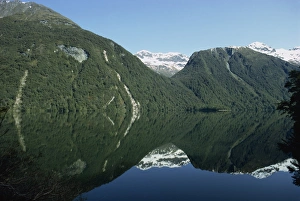 Fjordland Prints: Reflection of mountains in the water of Lake Gunn in