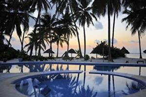 Swimming Pool Prints: Reflection of palm trees in swimming pool at sunrise