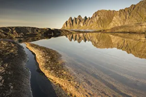 Senja Prints: Reflection in rock pool of Devils Teeth Mountains, from Tungenet, evening sunlight