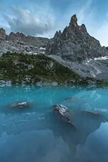 Belluno Prints: Reflection of Sorapis Group on Sorapis Lake at dusk in summer. Cortina d Ampezzo