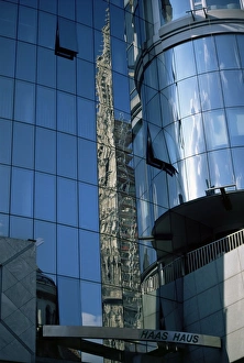 Austrian Eu Prints: Reflection of St. Stephens Cathedral in Hs House, Vienna, Austria, Europe