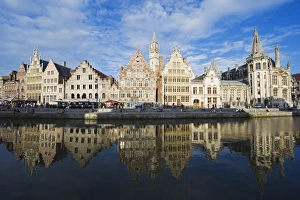 Flanders Prints: Reflection of waterfront town houses, Ghent, Flanders, Belgium, Europe