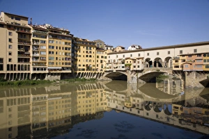 Florence Prints: Reflections in the Arno River of the Ponte Vecchio, Florence, Tuscany, Italy, Europe