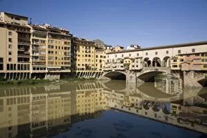 Images Dated 31st May 2007: Reflections in the Arno River of the Ponte Vecchio, Florence, Tuscany, Italy, Europe