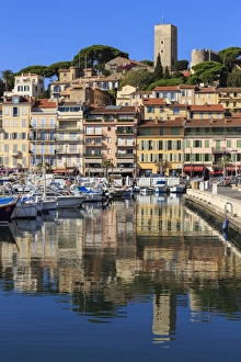 Old Port Prints: Reflections of boats and Le Suquet, Old (Vieux) port, Cannes, Cote d Azur, Alpes Maritimes