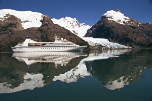 Cruising Prints: Reflections of the Seabourn Pride cruise ship, mountains and glacier in Chilean Fjordland