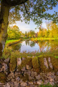 Body Prints: Reflections in village pond during autumn at Monyash in Bakewell Derbyshire Peak District England