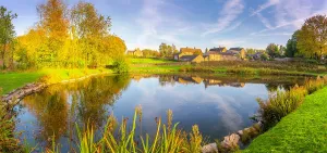 Ripples Prints: Reflections in village pond during autumn in Monyash village