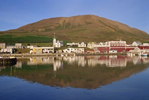 Husavik Prints: Reflections of waterfront buildings including the church
