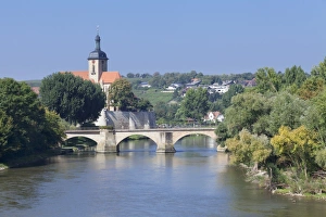 Neckar River Prints: Regiswindiskirche church and the old Bridge over the Neckar River
