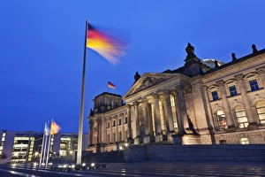 Reichstag Prints: Reichstag and German flags at night, Mitte, Berlin, Germany, Europe