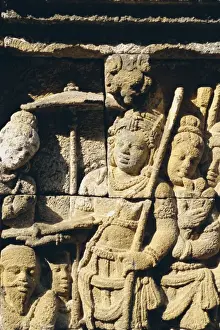 Borobodur Prints: Relief carving on frieze on outside wall of the Buddhist temple