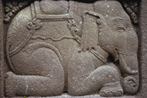 Prambanan Prints: Relief carving of a kneeling elephant on the Hindu