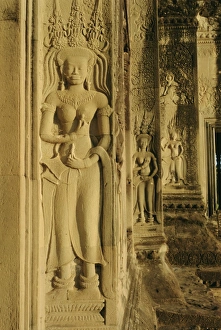 Relief Carving Prints: Relief carving on the temple at Angkor Wat, Angkor, Siem Reap, Cambodia, Indochina, Asia
