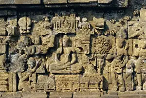 Borobodur Prints: Relief carvings on frieze on outside wall of the Buddhist temple