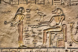 Relief, Goddess Sekhmet on right, Tomb of Ramses V and VI, KV9, Valley of the Kings