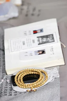 Books Prints: Religious book, prayer beads and mobile phone, Seoul, South Korea, Asia