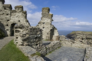 Tintagel Prints: Remains of a medieval coastal clifftop castle, the legendary site of King Arthurs Camelot