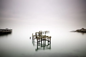 Ethereal Prints: Remains of the old pier on misty morning, Swanage, Dorset, England, United Kingdom