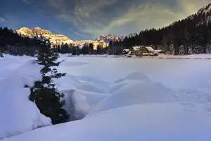 Rendena Valley Prints: Rendena Valley, Lake Nambino and Brenta mountain range at sunset in winter, Trentino