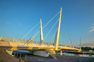 Support Prints: Renfrew Bridge features twin-swing design and cable-stayed structure over water in Glasgow Scotland