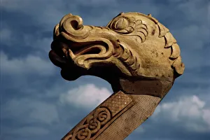 Carved Prints: Detail of replica Viking ship Aker Brygge, Oslo, Norway, Scandinavia, Europe
