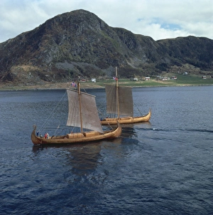 Replica Prints: Replica Viking ships, Oseberg and Gaia, near Ulstenvik, Norway, Scandinavia, Europe