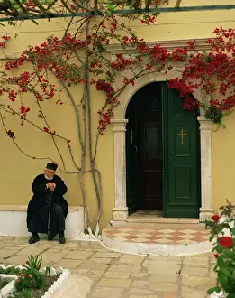 Doors Prints: Resident monk at chapel door, Paleokastritsa Monastery, Corfu, Ionian Islands