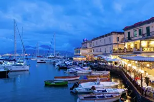 Eateries Prints: Restaurant, Naples Harbour with Mount Vesuvius in the Background at Dusk
