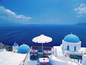 Places Of Worship Prints: Restaurant by ocean, Oia, Santorini, Cyclades, Greek Islands, Greece, Europe