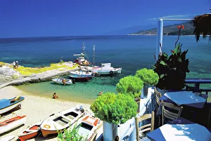 Restaurant Prints: Restaurant overlooking fishermans bay, Ikaria, Greece, Europe