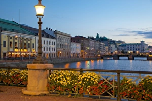 Lamp Post Prints: Restaurant on Sodra Hamngatan and Canal at dusk, Gothenburg, Sweden, Scandinavia, Europe