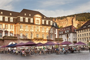 Typically German Prints: Restaurant and street cafe at the market square, town hall and castle, Heidelberg