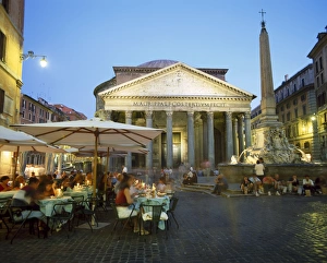Restaurant Prints: Restaurants under the ancient Pantheon in the evening