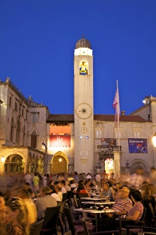 Clock Towers Prints: Restaurants, Clock Tower and Stradun, Dubrovnik, Croatia, Europe
