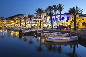 Menorca Prints: Restaurants at night along the harbour, Fornells, Menorca, Balearic Islands, Spain