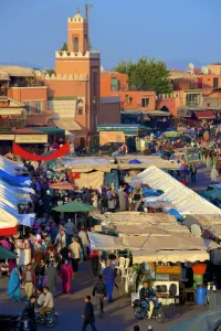 Jemaa El Fna Prints: Restaurants, terraces, Kharbouch mosque and minaret