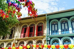 South East Asian Prints: Restored and colourfully painted old shophouses in Chinatown, Singapore, Southeast Asia