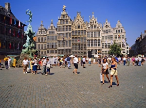 Sightseer Prints: Restored Guildhouses, and the Brabo Fountain, Grote Markt, Antwerp, Belgium