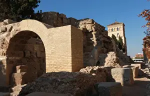 Aragon Prints: The restored ruins of the Roman city are visible by the River Ebro in the centre of the city of Zaragoza